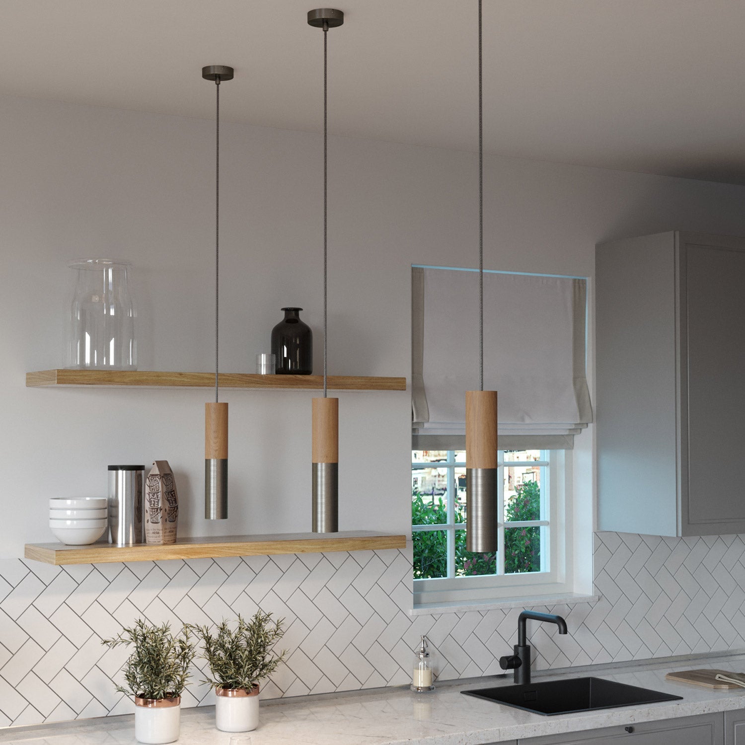 Lampada a sospensione Made in Italy completa di cavo tessile e doppio paralume Tub-E14 in legno e metallo - Titanio satinato