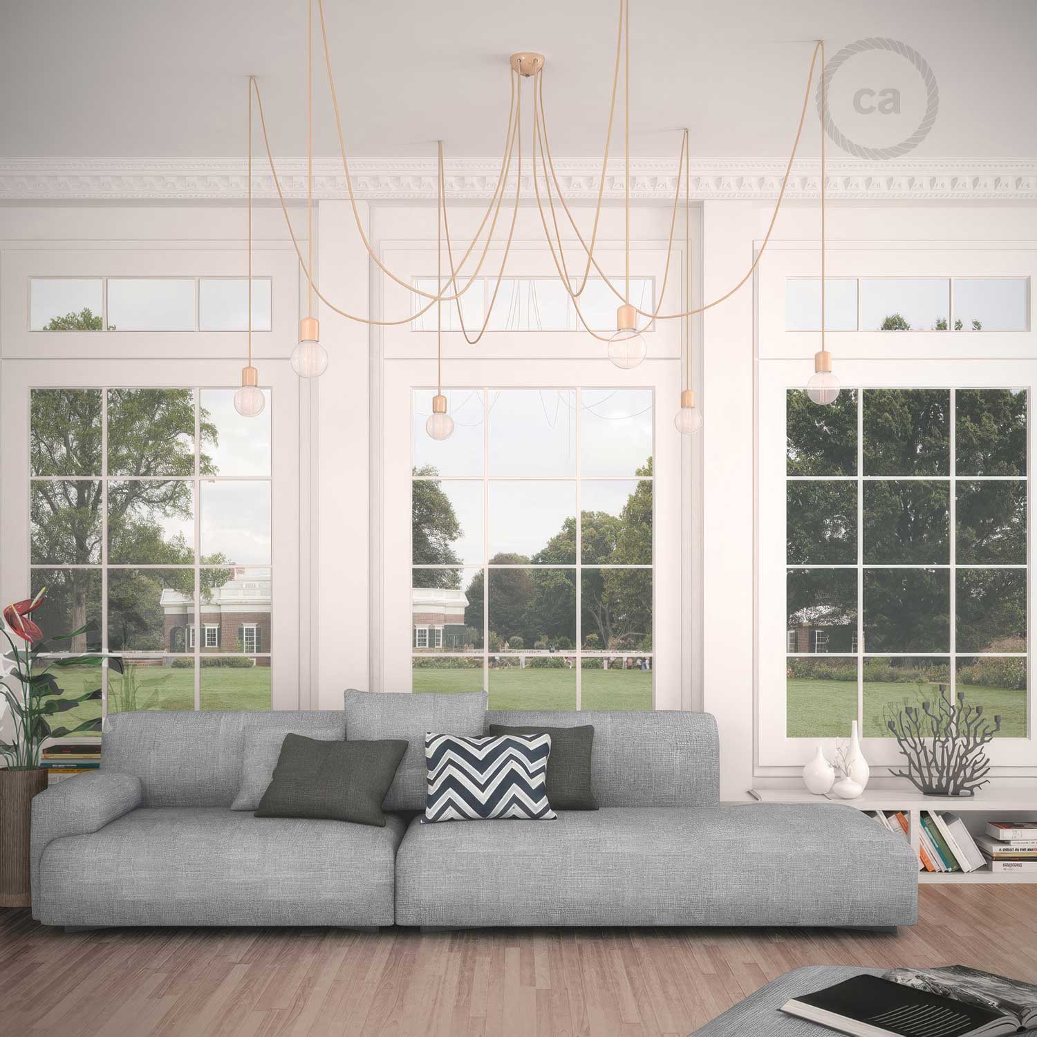 Lampada a sospensione multipla a 6 cadute con finiture in ceramica colorata - Avorio