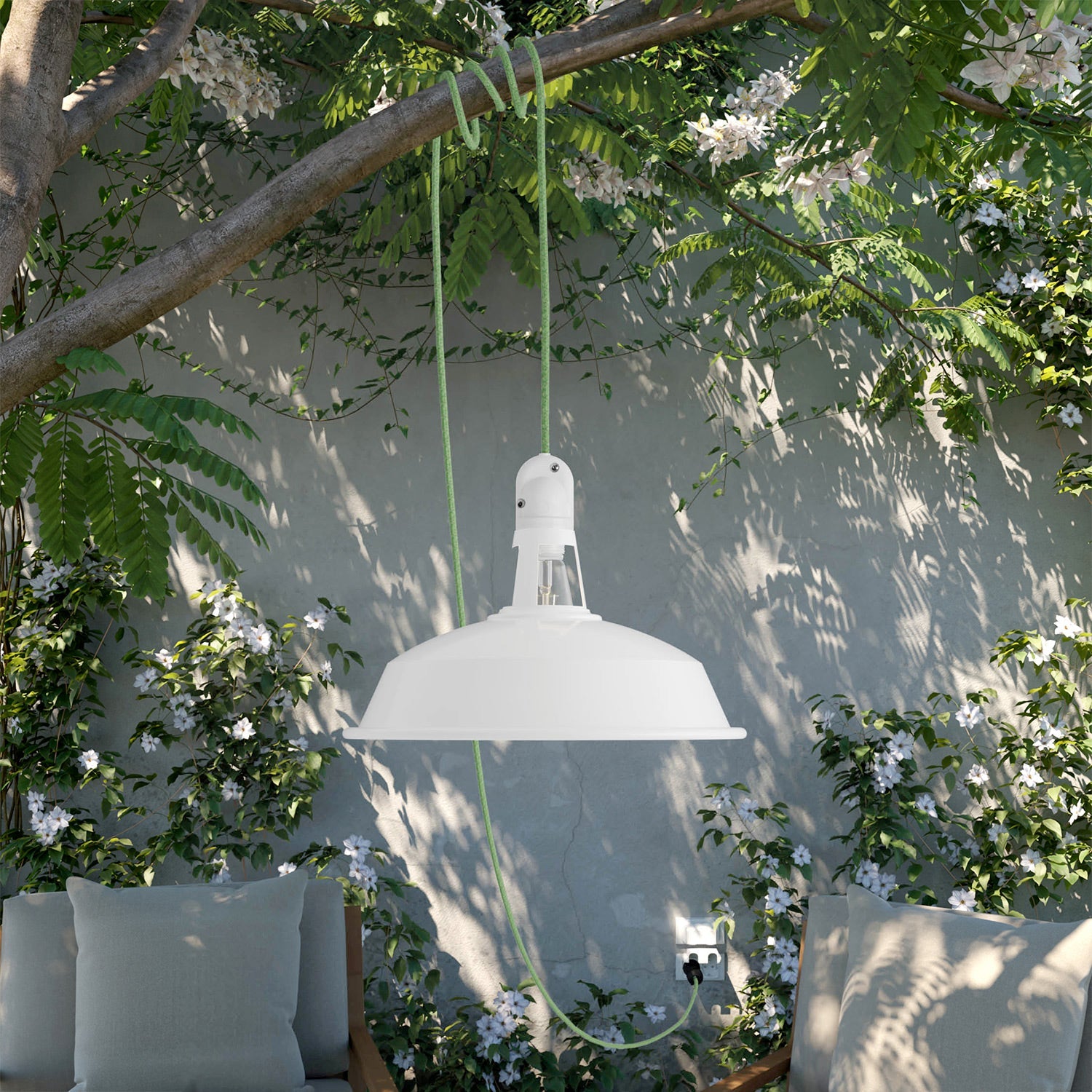 Lampada portatile da esterno Snake con paralume Harbour, 5 m cavo tessile, portalampada IP65 waterproof - Bianco