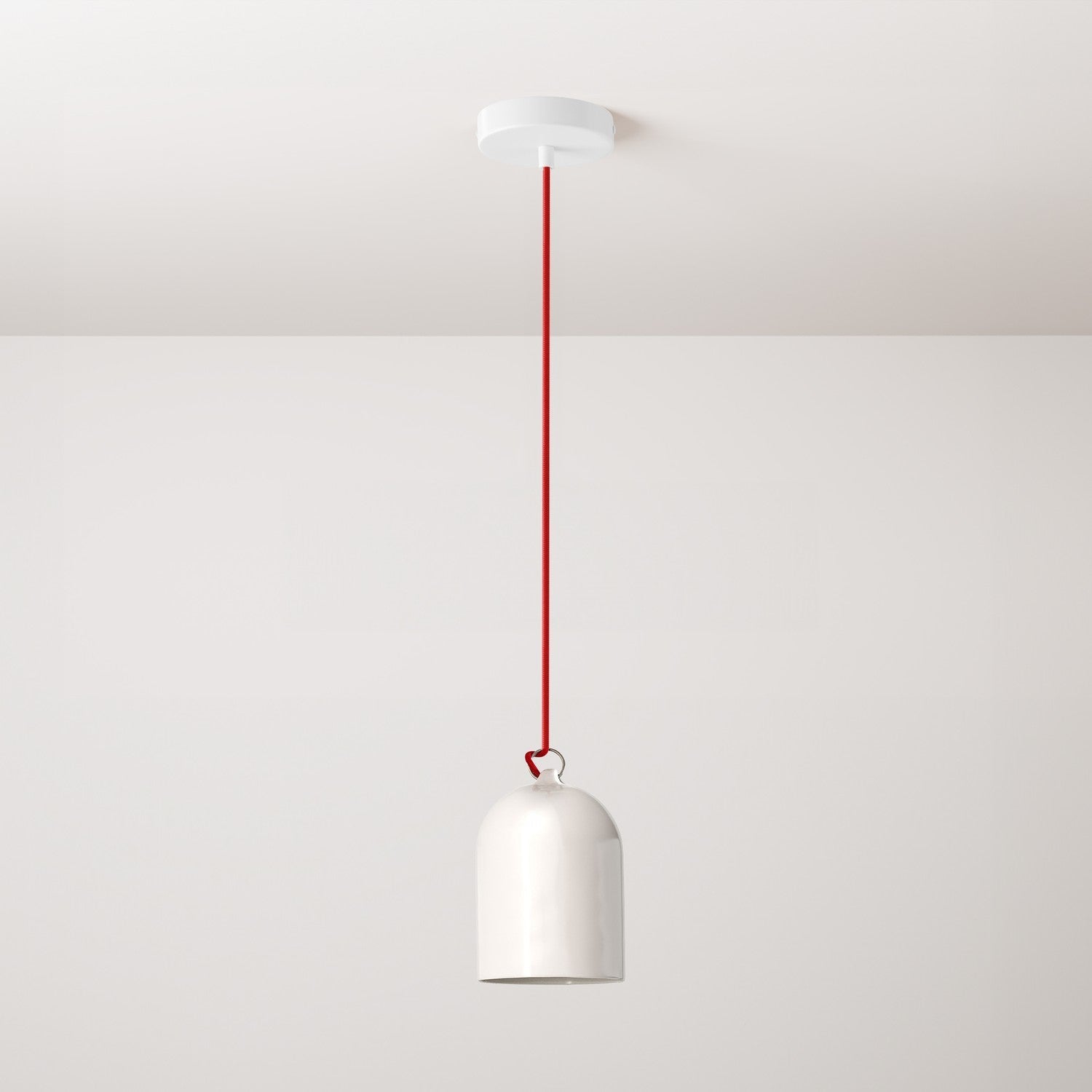 Lampada a sospensione completa di cavo tessile e paralume Mini Campana XS in ceramica - Bianco lucido