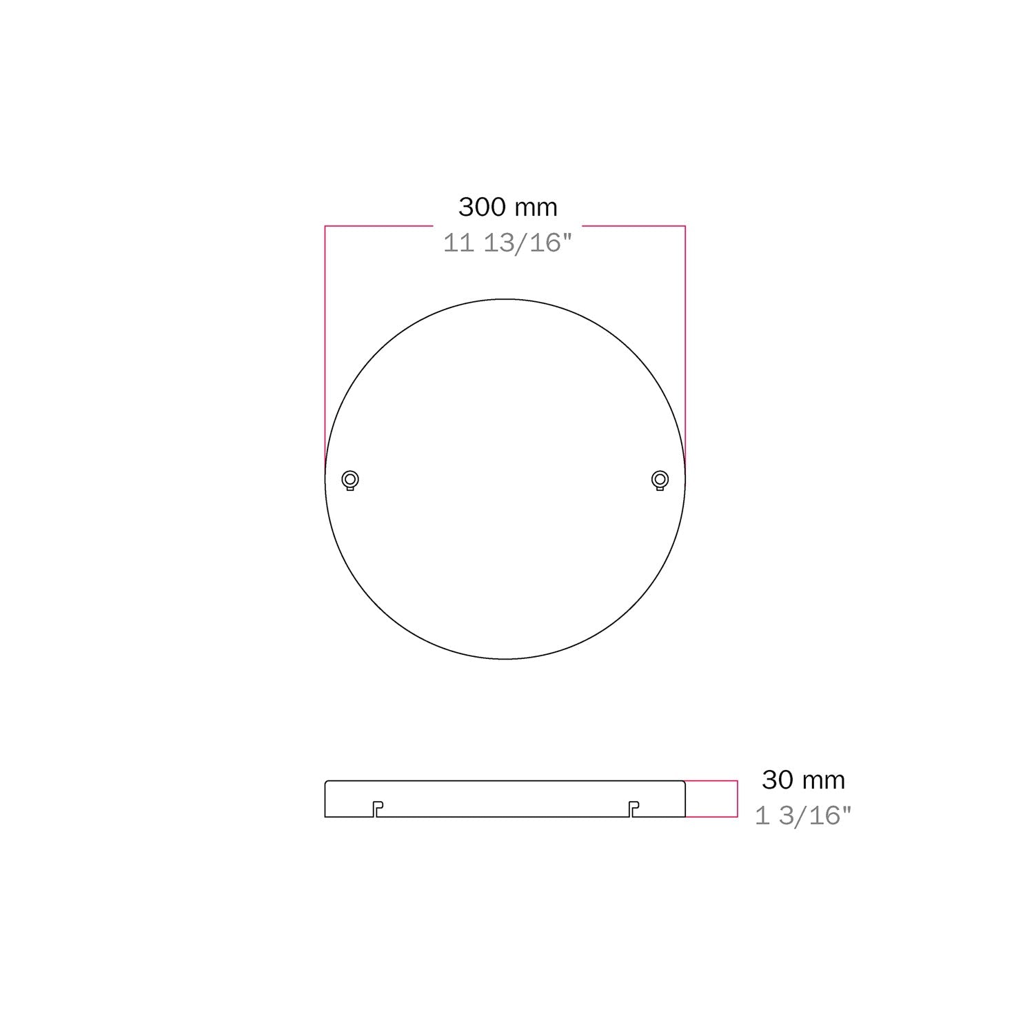 Rosone rotondo in alluminio Ø 30 cm con staffa e cavo di messa a terra, con 2 fori frontali - Bianco Opaco 0
