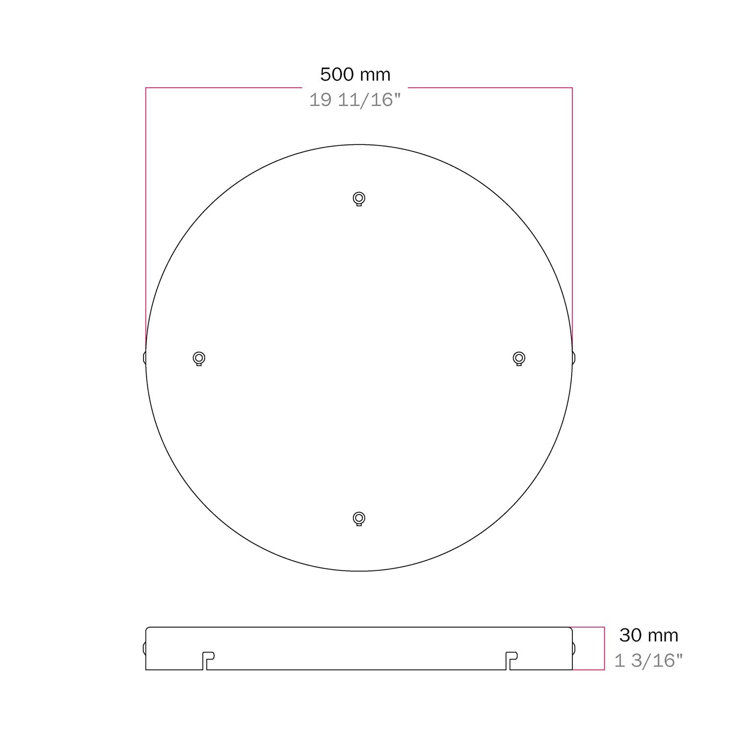 Rosone rotondo in alluminio Ø 50 cm con staffa e cavo di messa a terra, con 4 fori frontali - Bianco Opaco 2