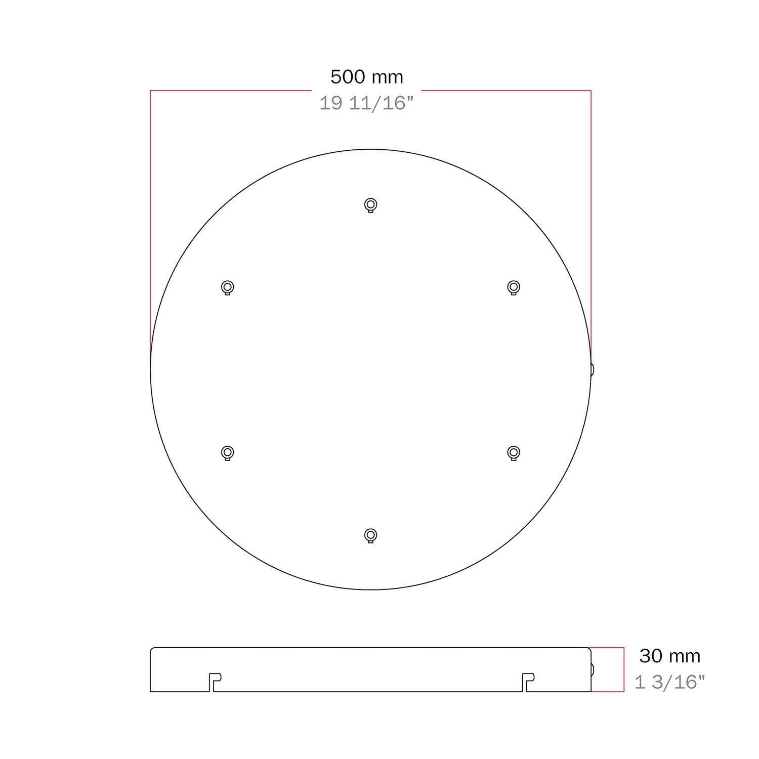 Rosone rotondo in alluminio Ø 50 cm con staffa e cavo di messa a terra, con 6 fori frontali - Bianco Opaco 1
