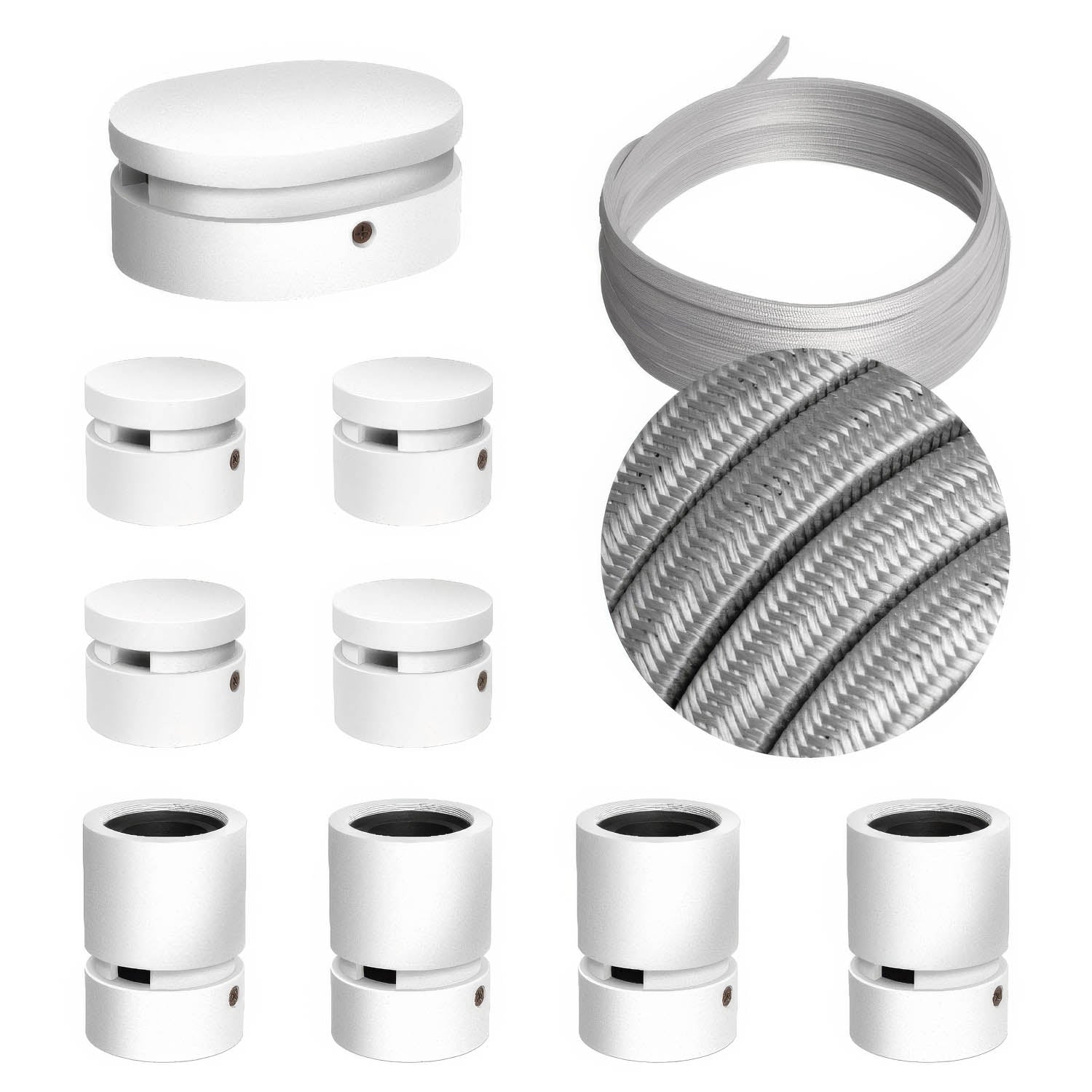 Sistema Filé Symmetric Kit - con cavo CM02 di 5 m per catenaria e 9 componenti in legno verniciato bianco per interni - Creative Cables