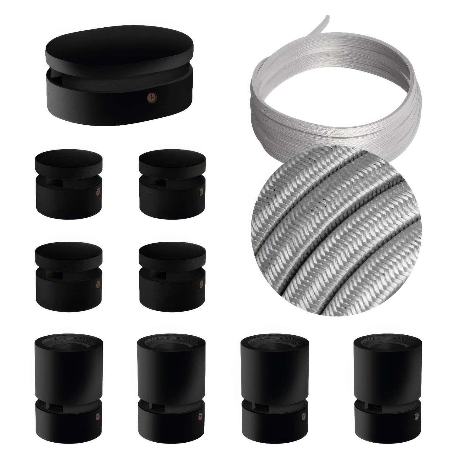 Sistema Filé Symmetric Kit - con cavo CM02 di 5 m per catenaria e 9 componenti in legno verniciato nero per interni