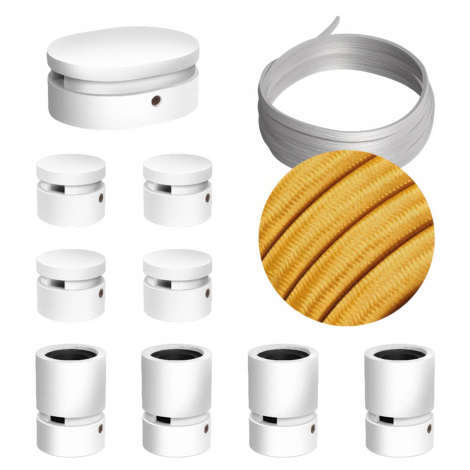 Sistema Filé Symmetric Kit - con cavo CM05 di 5 m per catenaria e 9 componenti in legno verniciato bianco per interni - Creative Cables