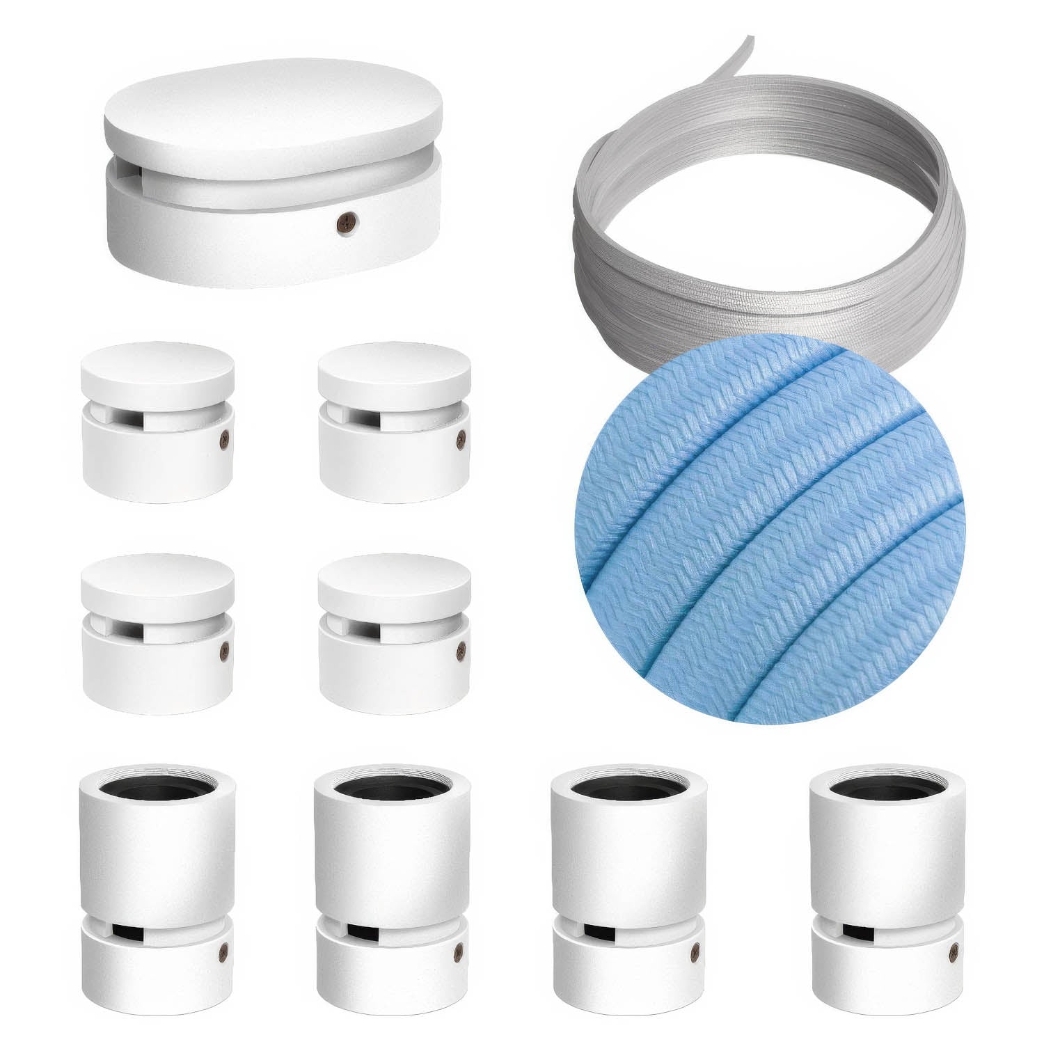 Sistema Filé Symmetric Kit - con cavo CM17 di 5 m per catenaria e 9 componenti in legno verniciato bianco per interni - Creative Cables