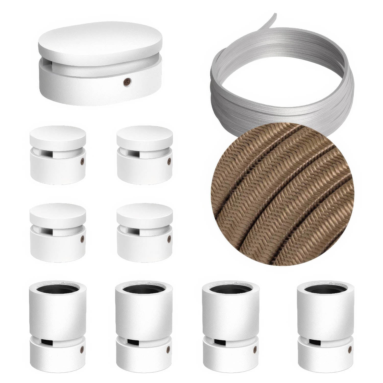 Sistema Filé Symmetric Kit - con cavo CM27 di 5 m per catenaria e 9 componenti in legno verniciato bianco per interni - Creative Cables