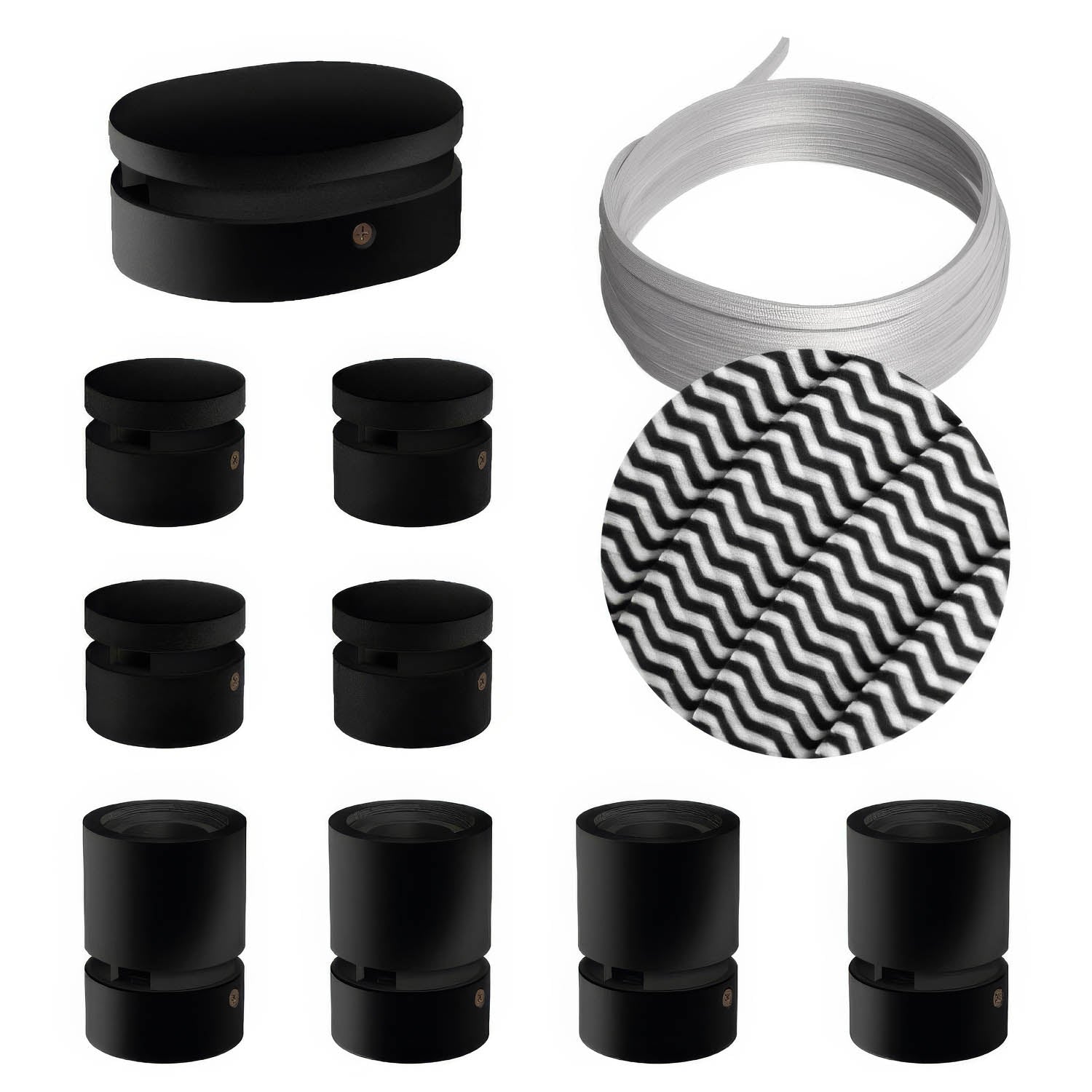 Sistema Filé Symmetric Kit - con cavo CZ04 di 5 m per catenaria e 9 componenti in legno verniciato nero per interni - Creative Cables