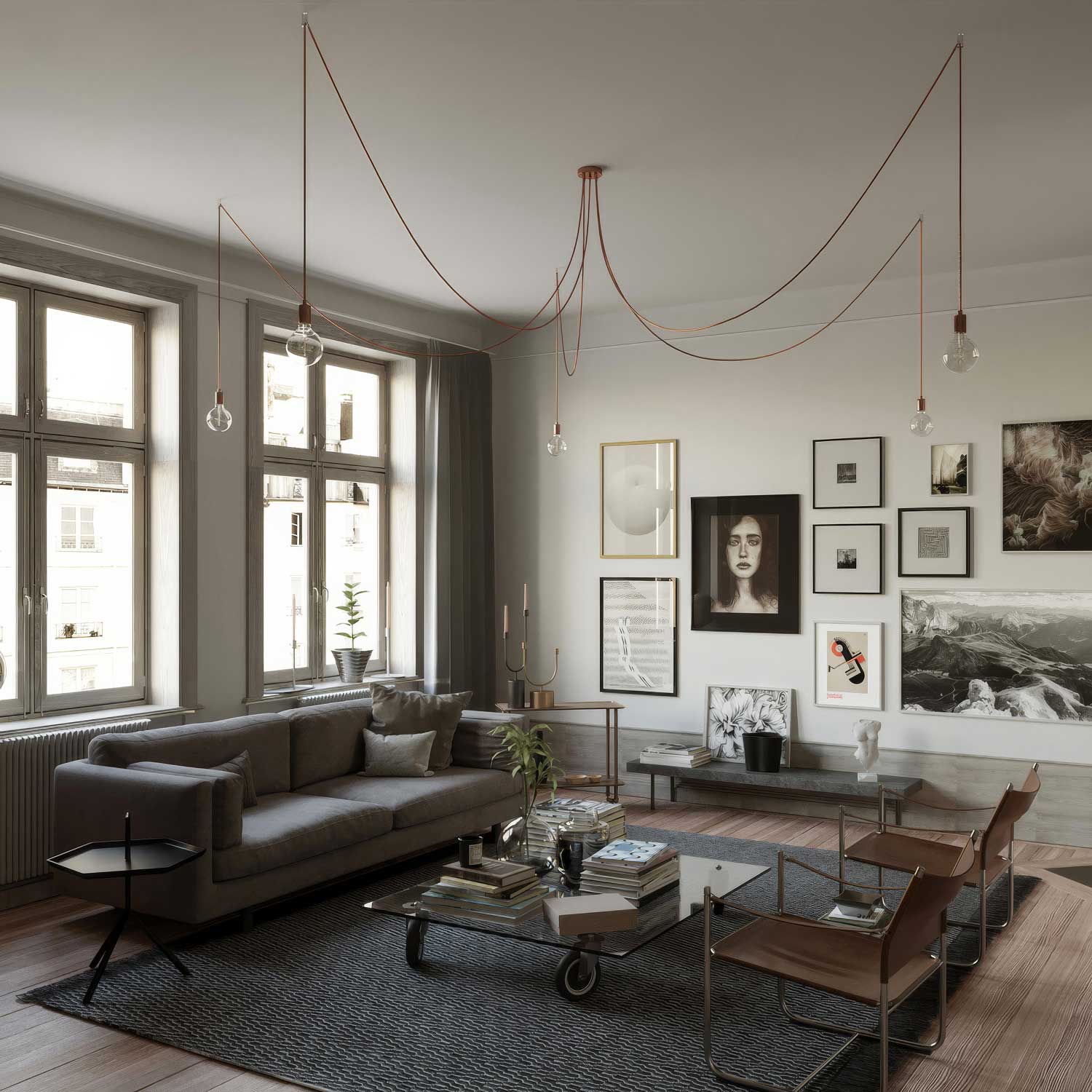 Spider - Lampada a sospensione multipla a 5 cadute con finiture in metallo - Rame