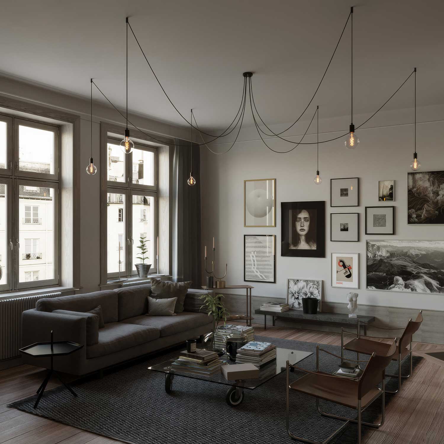 Spider - Lampada a sospensione multipla a 6 cadute con finiture in metallo - Nero