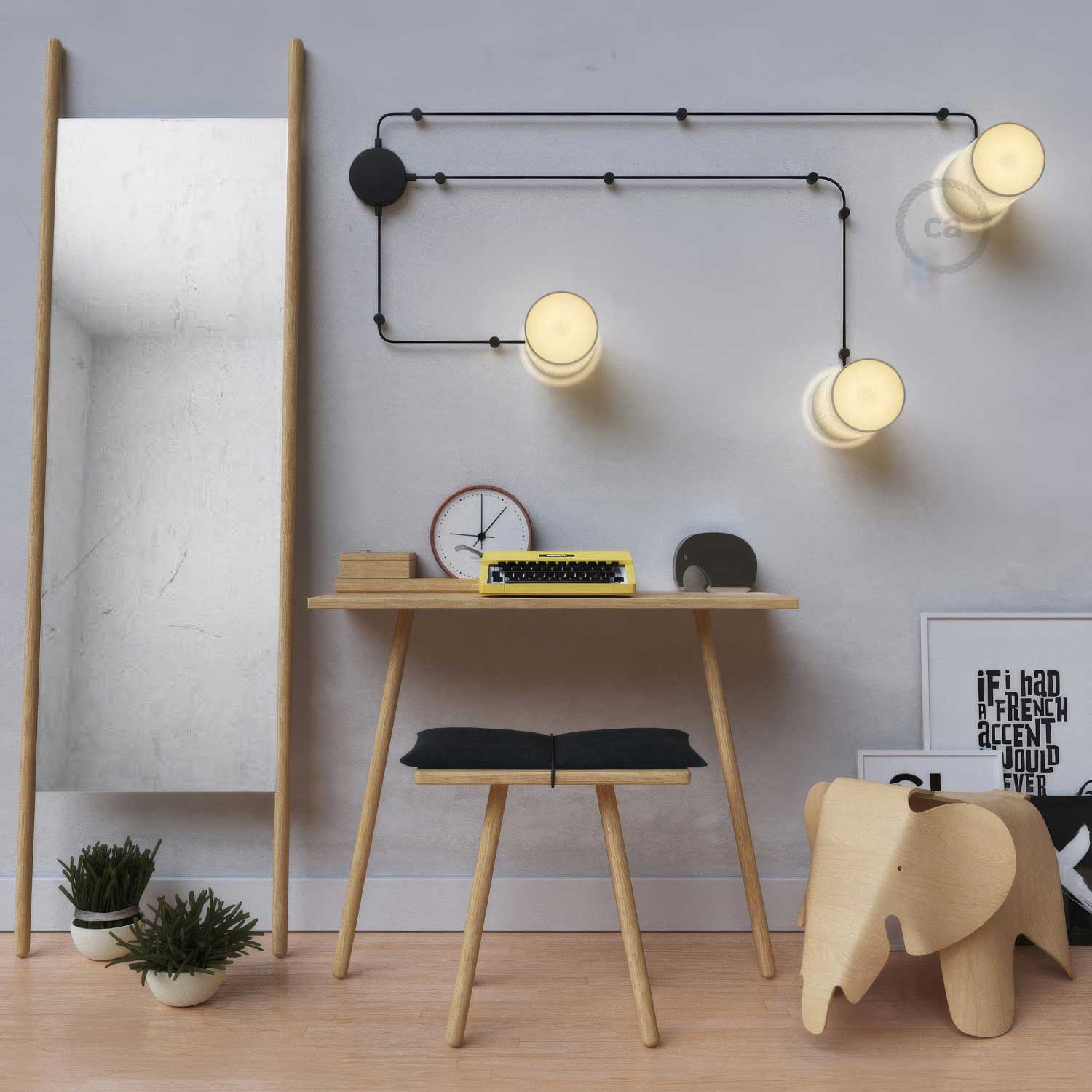 Spostaluce, il punto luce in metallo completo di portalampada E27 filettato, cavo tessile e fori laterali - Nero