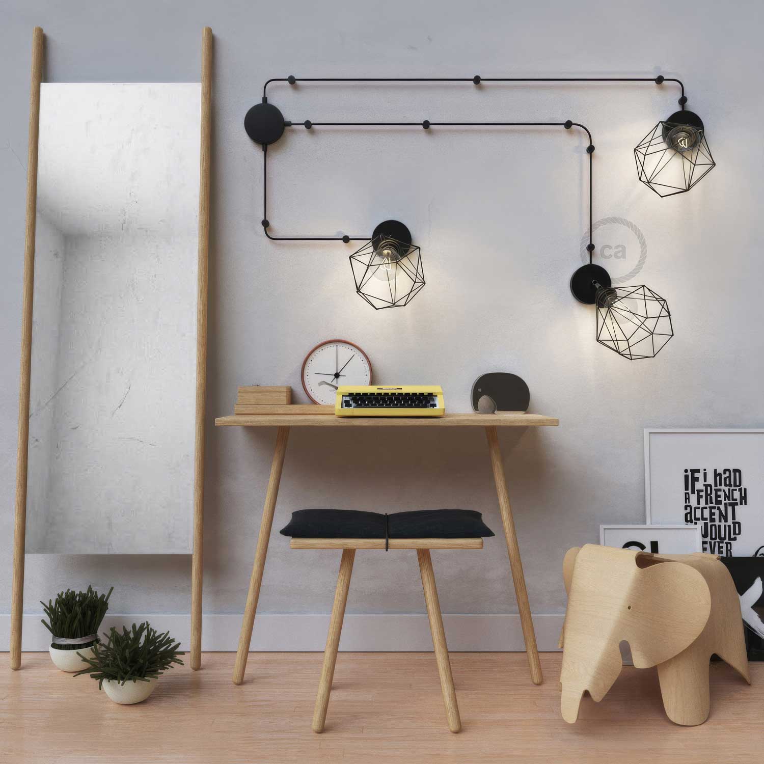 Spostaluce Metallo 90° orientabile, completo di portalampada E27 filettato, cavo tessile e fori laterali - Nero